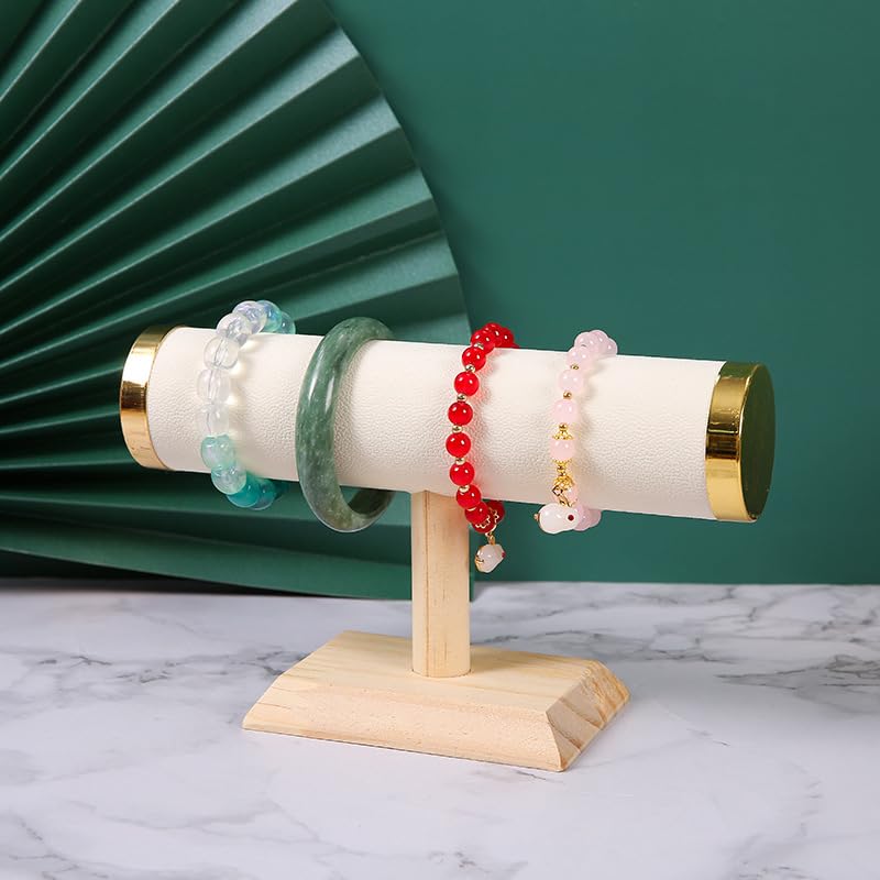 Jewelry Display Stand for Bracelet Bangle Watch, T Bar Jewelry Holder with Velvet Covered Bar and Wood Base for Countertop Organizer and Display - color: Round Suede Beige