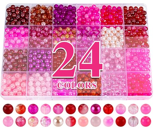 XSEINO About 1200PCS 6mm Glass Beads Bracelet Making Kit,24 Assorted Red and Pink Series Colorful Crystal Beads for Bracelet and Jewelry Making and DIY Crafts,Friendship Bracelets - color: Red Pink Series