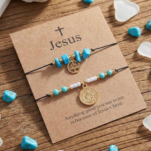 Christian Cross Jesus Pendant Charm Gold Rope String Beaded Bracelets Stack Set for Women,Handmade Bohemian Colorful Adjustable Jewelry,God Lucky Protection Friendship Gift - color: Turquoise