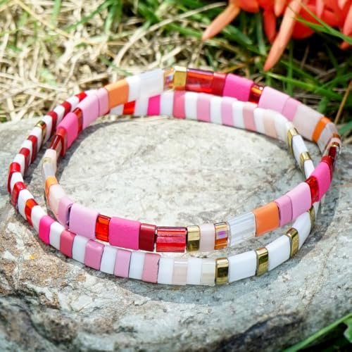 Tila Flat Beaded Bracelet for Women,Bohemian Colorful Stretch Square Glass Bead Elastic Layred Bracelet Stack, Handmade Boho Trendy Holiday Jewelry Accessories Friendship Gift - color: Pink