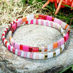 Tila Flat Beaded Bracelet for Women,Bohemian Colorful Stretch Square Glass Bead Elastic Layred Bracelet Stack, Handmade Boho Trendy Holiday Jewelry Accessories Friendship Gift - color: Pink