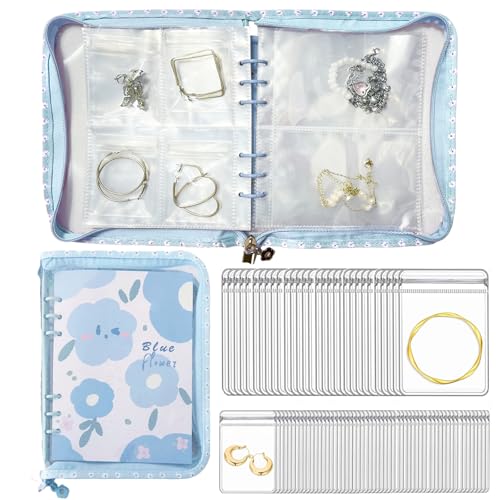 Jewelry Organizer Travel,Jewelry Storage Book with 45 Portable thick PVC pouches,Jewelry Organizer Zipper Bags for Necklaces Bracelet Rings and Earrings (front cover removable),Blue - color: Blue/45 PVC Pouches