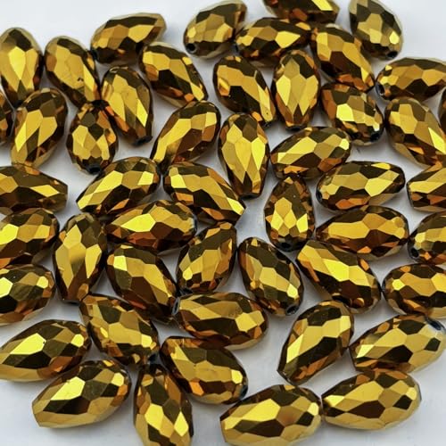 100pcs 8x12mm Teardrop Crystal Glass Beads for Jewelry Making, Faceted Vertical Hole Teardrop Glass Spacer Beads for Wind Chimes Bracelet Earring Necklace DIY Craft(Gold) - color: Gold, size: 8x12mm