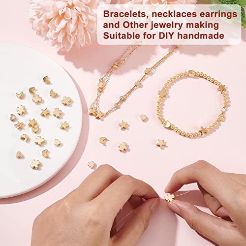 BENECREAT 40PCS 18K Gold Plated Moon Star Spacer Beads Heart Brass Beads for Bracelet Necklace DIY Jewelry Making - 10PCS/Shape - color: Heart Moon Cross Star