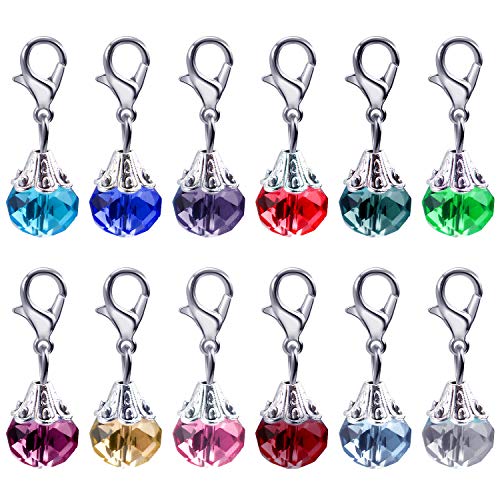 Aylifu Clip on Charms,24 Pieces Crystal Dangle Charms Pendant with Lobster Claw Clasp for Jewellery Making - 12 Colors - color: Silver