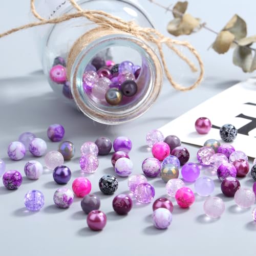 DUQGUHO 8mm Purple Beads for Jewelry Making Purple Glass Beads for Bracelets Crystal Glass Round Bead Bracelet Friendship Bead Kit 360PCS - color: 2-Purple