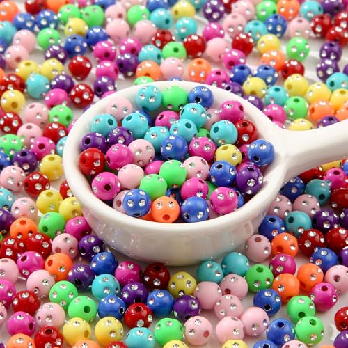 8mm Acrylic Beads 600pcs Rhinestone Spacer Bubble Bead Plastic Crafts Bead for DIY Necklaces Bracelets Earrings Jewelry Making (Rhinestone) - color: blue&red&pink