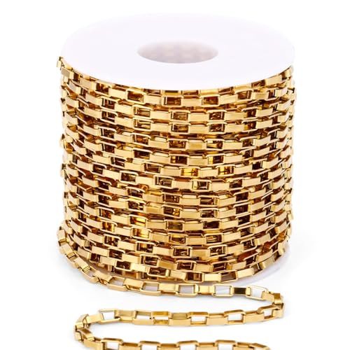33 Feet 18K Gold PVD Plated Stainless Steel Box Chains Bulk, 3mm 304 Stainless Steel Chain Spool Square Link Box Chain Roll Bulk for Jewelry Making - color: 3MM Gold Square Box Chain