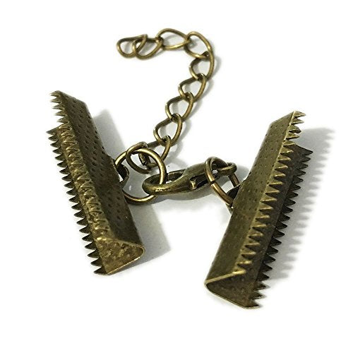 10 Set Ribbon Clamp Crimp Ends Beads Pinch with Lobster Claw Swivel Clasps Extension Chain Jump Rings Cords End Caps String Flat Leather Clip Foldover Necklace Bracelet Connector (Bronze Crimp 30mm) - color: Bronze Crimp 30mm