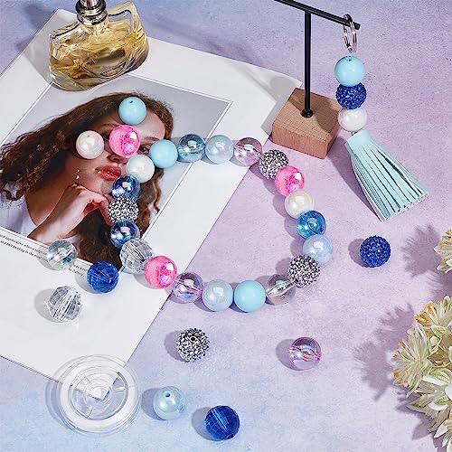 SUNNYCLUE 48Pcs Bubblegum Beads 20mm Blue Acrylic Faceted Bead Resin Rhinestone Beaded Rainbow Round Pearl Opaque Loose Spacers for Jewelry Making Beading Supplies Elastic Bracelet Kit - color: 48pcs 20mm Blue Tone