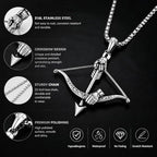 Cross Bow and Arrow Necklace for Men, Non Tarnish Durable Stainless Steel Necklace 24inch with Zinc Alloy Crucifix Pendant for Male, Archery Jewelry Accessories Gift for Valentines Day for Boyfriend and Husband