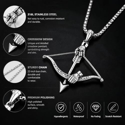 Cross Bow and Arrow Necklace for Men, Non Tarnish Durable Stainless Steel Necklace 24inch with Zinc Alloy Crucifix Pendant for Male, Archery Jewelry Accessories Gift for Valentines Day for Boyfriend and Husband