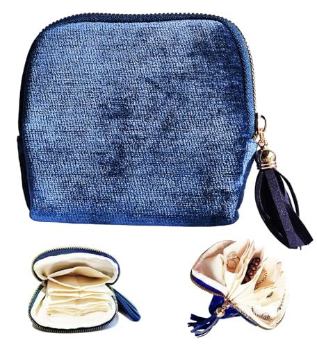 Travel Jewelry Organizer Case - Velvet Zipper Pouch with 6 Compartments for Bracelets, Earrings, Necklace, Anti-Scratch Storage, Valentine Gifts for Women (Dark Blue) - color: Dark Blue