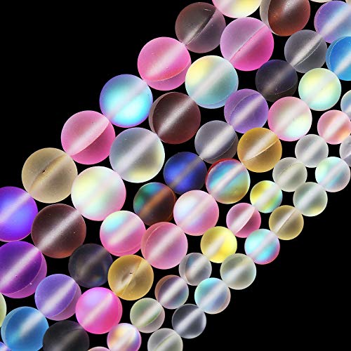 Matte Mixed Color Aurora Crystal Glass Beads, 6MM Frosted Glitter Shining Mermaid Round Loose Beads, Rainbow Holographic Synthetic Moonstone for Jewelry Making DIY Bracelet - color: Mixed Color, size: 6MM