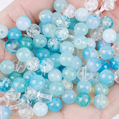 100PCS Glass Beads for Jewelry Making, Mix 8MM Blue Crackle Lampwork Glass Beads Aurora Crystal Beads Matte Gemstones Spacer Beads Kits for Crafts - color: Blue