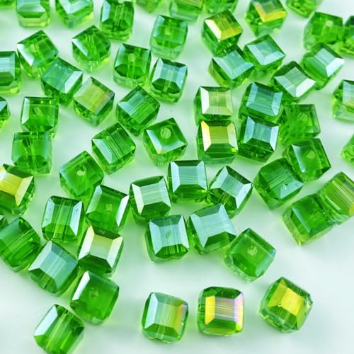 Crystal Glass Beads 200 Pieces 4mm Cube Crystal Glass Beads Faceted Square Shape Spacer Beads for Jewelry Making Bracelet Earring Necklace DIY Craft Making Supplies(Green AB) - color: Green AB, size: 4mm
