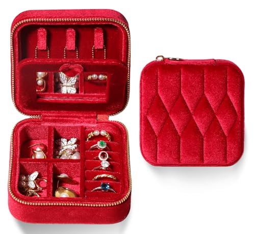 Velvet Jewelry Box – Travel Jewelry Case Organizer with Mirror, Adjustable Compartments for Women | Luxury Storage Case & Gift for Her - RubyRed - color: Ruby Red