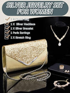 Henoyso 5 Pcs Rhinestone Jewelry Sets Prom Purse Jewelry Rhinestone Clutch Purse Bride Necklace Earrings Bracelets for Women - color: Gold