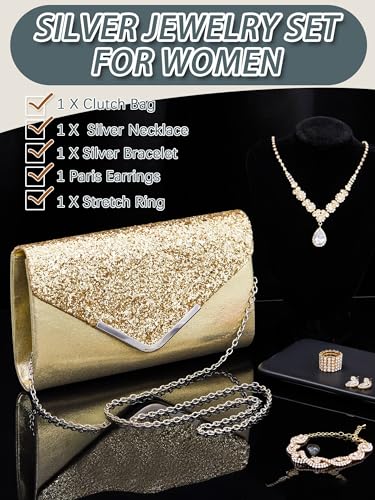 Henoyso 5 Pcs Rhinestone Jewelry Sets Prom Purse Jewelry Rhinestone Clutch Purse Bride Necklace Earrings Bracelets for Women - color: Gold