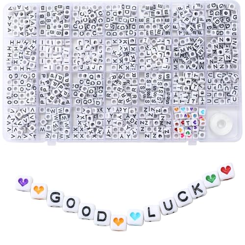 Acrylic Letter Beads 4mm Flat Round, 6mm Square - Beads for Making Friendship Bracelet or Necklace (Square White Plus Black) - color: Square White Plus Black
