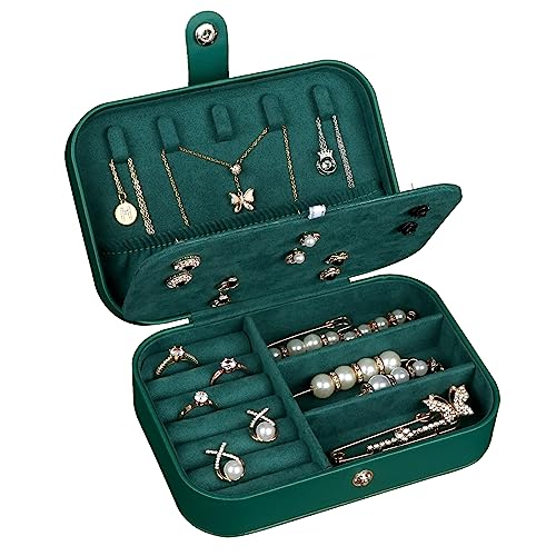 Hatori Travel Jewelry Box, PU Leather Small Jewelry Organizer for Women Girls, Portable Mini Travel Case Display Storage Holder Boxes for Stud Earrings, Rings, Necklaces, Bracelets (Ink Green) - color: Ink Green