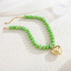 Gold Heart Pendant Necklaces for Women Colorful Acrylic Resin Beaded Choker Necklace Fashion Chunky Statement Beaded Heart Necklace - color: Green