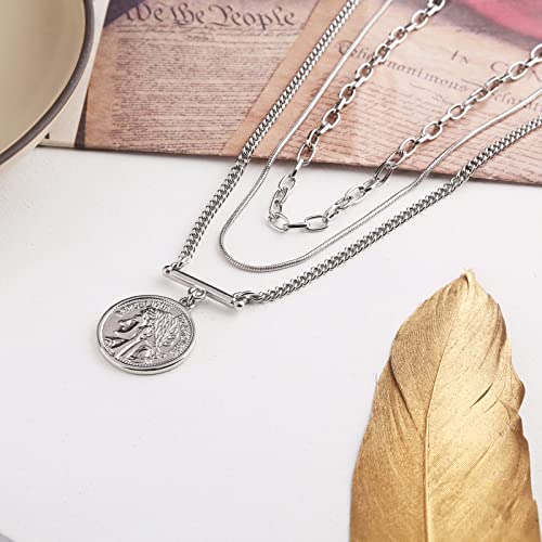 LANE WOODS Gold Plated Necklaces for Women - Multilayer Coin Medallion Pendant Necklace Adjustable Layering Choker Necklaces Chain Set Jewelry - style: Coin Medallion-Silver