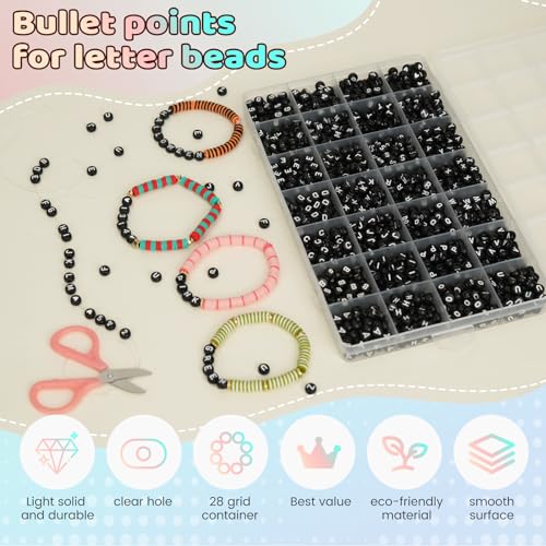 FZIIVQU 1400 Pcs Letter Beads Kit, 28 Styles White Acrylic Alphabet Beads Letter Beads for Jewelry Making wiht Number Beads Heart Beads Friendship Bracelet Kit - color: White Letters & Black Base, size: 4*7mm