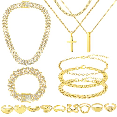 NEWITIN 15 Pieces Silver Jewelry Set for Men Stainless Steel Cuban Link Necklace Bracelet Cross Pendant Necklace Vintage Ring Cuban Jewelry Set for Men Women - color: Gold Jewelry Set