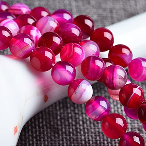37Pcs Natural Crystal Beads Stone 10mm Fushia Stripe Onyx Agates Gemstone Round Loose Energy Healing Beads for Bracelet Necklace Earrings Jewelry Making - color: Fushia, size: 10MM