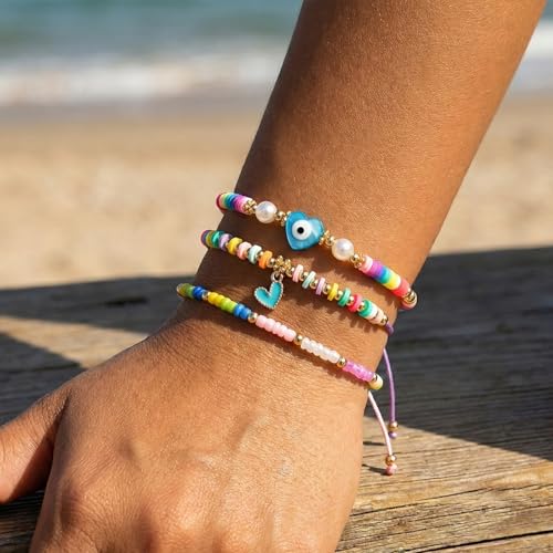 Evil Eye Heart Charm Stackable String Rope Colorful Beaded Bracelets Set For Women, Boho Handmade Adjustable Protection Lucky Gold Jewelry, Daily Party Friendship Gift - color: Pink