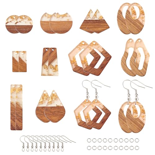 Beadthoven 60pcs Resin Wood Charms Earring Pendants Making Kit Gold Earring Charms DIY Boho Wood Blanks Rectangle Round Teardrop Geometry Resin Wooden Pieces for Jewelry Making with Earring Hooks - color: 0Gold Foil Kit