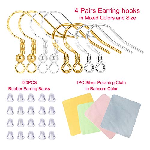 S925 Sterling Silver Earring Hooks - 8Pcs/4 Pairs Hypoallergenic 18K Gold Plated Ear Wires Fish Hooks for Jewelry Making, Jewelry Findings Parts with Rubber Earring Backs Stopper for DIY Jewelry - color: Regular Silver and Gold