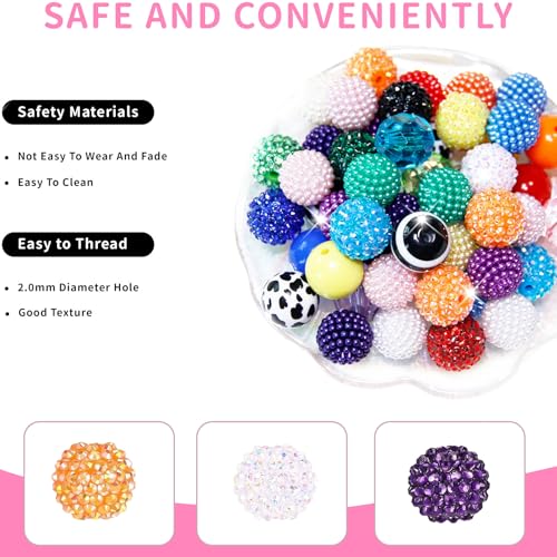 100 Pcs 20mm Beads for Pens Rhinestone Bubblegum Beads Mixed Crystal Acrylic Round Chunky Bead Sparkly Craft Large Balls Bead for Pen Beadable Keychain Bracelet Necklace DIY Jewelry Making Supplies - color: Rainbow