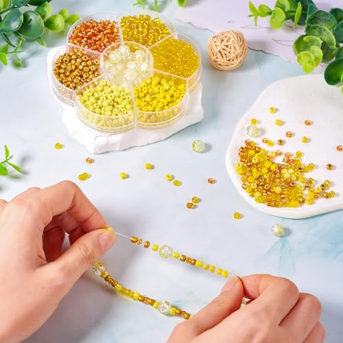 Craftdady 90g Small Glass Seed Beads 6/0 Yellow Bracelet Beads Tiny Round Loose Spacer Beads Handmade Craft Beads with 22pcs 8mm Round Glass Beads for DIY Necklace Jewelry Making