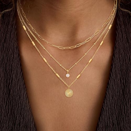 Layered Necklaces for Women, Dainty 14K Gold Plated Circle Peadant Chain Necklace Set Simple Paperclip Stacked Necklaces for Women Trendy Gold Jewelry - color: set1
