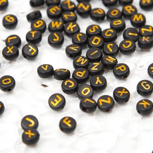 1000pcs 4x7mm Round Letter Beads Black Acrylic with Gold Letter Alphabet for Jewelry Making Friendship Bracelets (Gold Black) - color: gold Black