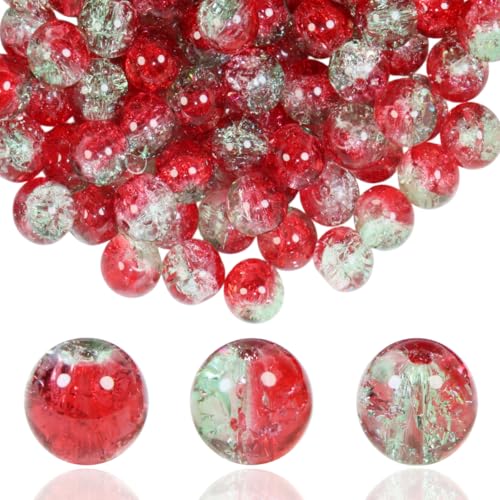 100Pcs 10mm Crackle Glass Beads for Jewelry Making - Round Spacer Crystal Beads Bulk, DIY Craft Supplies for Necklace Bracelet Earrings (Red Green) - color: Red Green