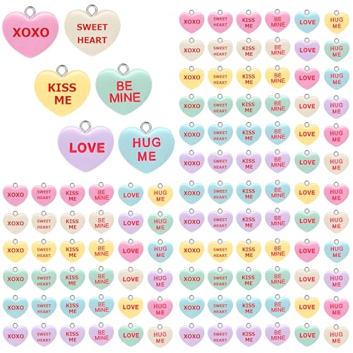 108 Pcs 6 Different Words Valentine's Day Candy Heart Charms Pendant DIY Heart Earring Charms Craft Supply for Jewelry Making