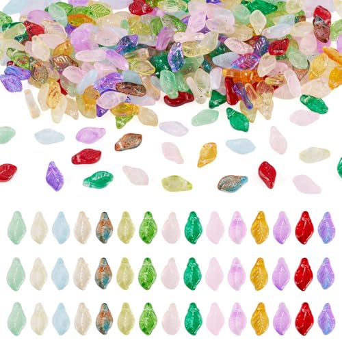 Beadthoven 300Pcs 15 Colors Tiny Leaf Glass Beads Bulk Assorted Transparent Cute Crystal Tree Leaves Colorful Plant Bead Charm Loose Pony Spacers for Jewelry Making DIY Spring Summer Bracelet Earrings - color: Mini Leaf 15 colors