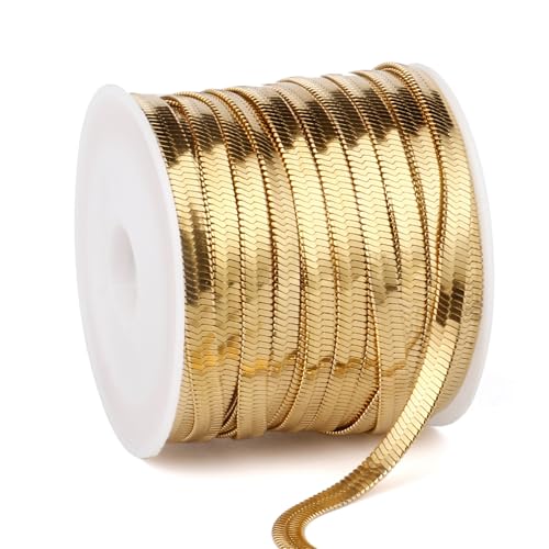 33 Feet Gold Snake Chains Roll, 4mm 18K Gold PVD Plated 304 Stainless Steel Flat Snake Chain Bulk Spool for Jewelry Making DIY Craft - color: 4.0mm Gold Flat Snake Chains