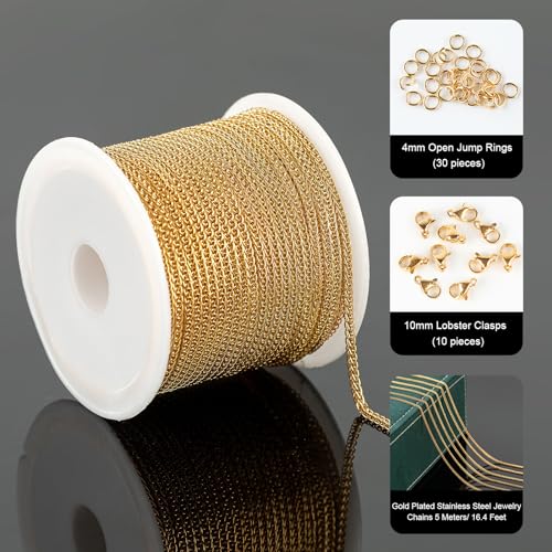 UMAOKANG 16.4 Feet Gold Plated Stainless Steel Jewelry Chains Bulk Chopin Chain for Jewelry Making Dainty Thin Chains Bulk - color: Gold Chopin