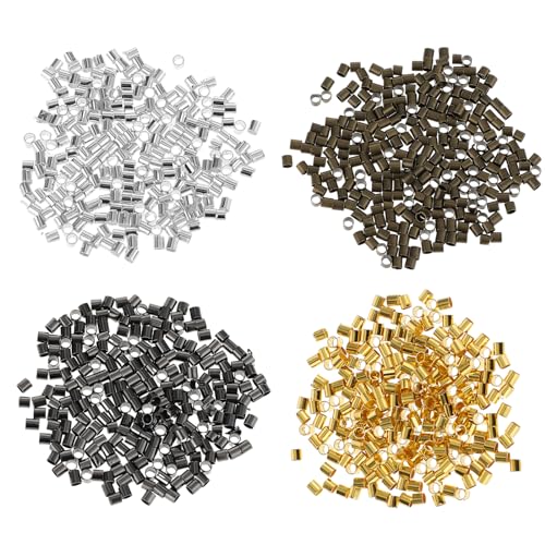 Crimp Beads for Jewelry Making, Teaaha 1000 PCS Plated Brass Crimping 4 Colors Bead Crimp Tubes String Bracelet End Loose Stopper Beads Tube Crimping Bead for Earring Necklace Pendant DIY (1.5x1.5mm)