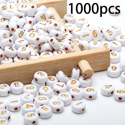 1000pcs Acrylic Number Beads 0-9 Round 4x7mm Mixed for Jewelry Making and DIY Bracelets, Necklaces, Key Chains (White/Gold) - color: White-Gold