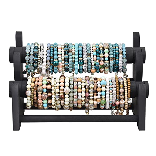 Ikee Design 2 Pcs Set Wooden 2-Tier Bar Bracelet Bangle Jewelry Display Organizer Stand, Wood Bracelet Bangle Holder, 11.75 W x 5.38 D x 8 H in,Black Color - color: Black, 2 Pieces