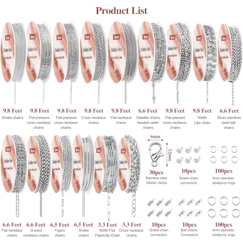 Wisreach Necklace Chains for Jewelry Making, 118 Feet 15 Rolls Stainless Steel Jewelry Chains for DIY Necklace Bracelet Making with Stainless Steel Jump Rings/Lobster Clasps/Connectors - color: Silver