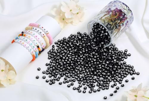 LAIDANLA 1500PCS Acrylic Letter Beads Alphabet White Letters Black Round Bead 7×4mm for Jewelry Bracelets Necklaces Key Chains Making - color: J-White Letter Black Beads