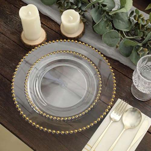 8" Salad Plates - Set of 30 - Plastic Clear/Gold Round Disposable Dessert Appetizer Plate Beaded Rim, Ideal for Dinner Party Wedding Bulk Events - color: Clear/Gold, size: 8" Salad Plate, 30 Pack
