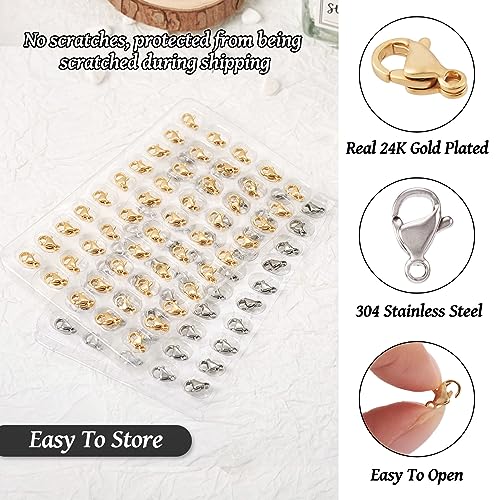 PH PandaHall Pandahall 100Pcs Stainless Steel Lobster Claw Clasps Real 24K Gold Jewelry Lobster Clasp 2 Colors Metal Bracelet Necklace Clasp Closures for Jewelry Making, 9x5x2.5mm