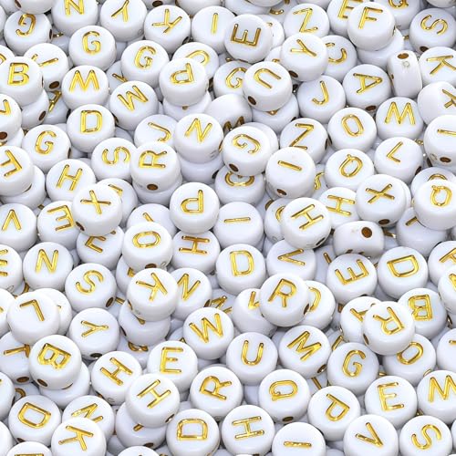 Amaney 1000pcs Gold Letter Beads 74mm White Round Acrylic Alphabet Beads for Jewelry Making Bracelets Necklaces Key Chains - color: White&Gold